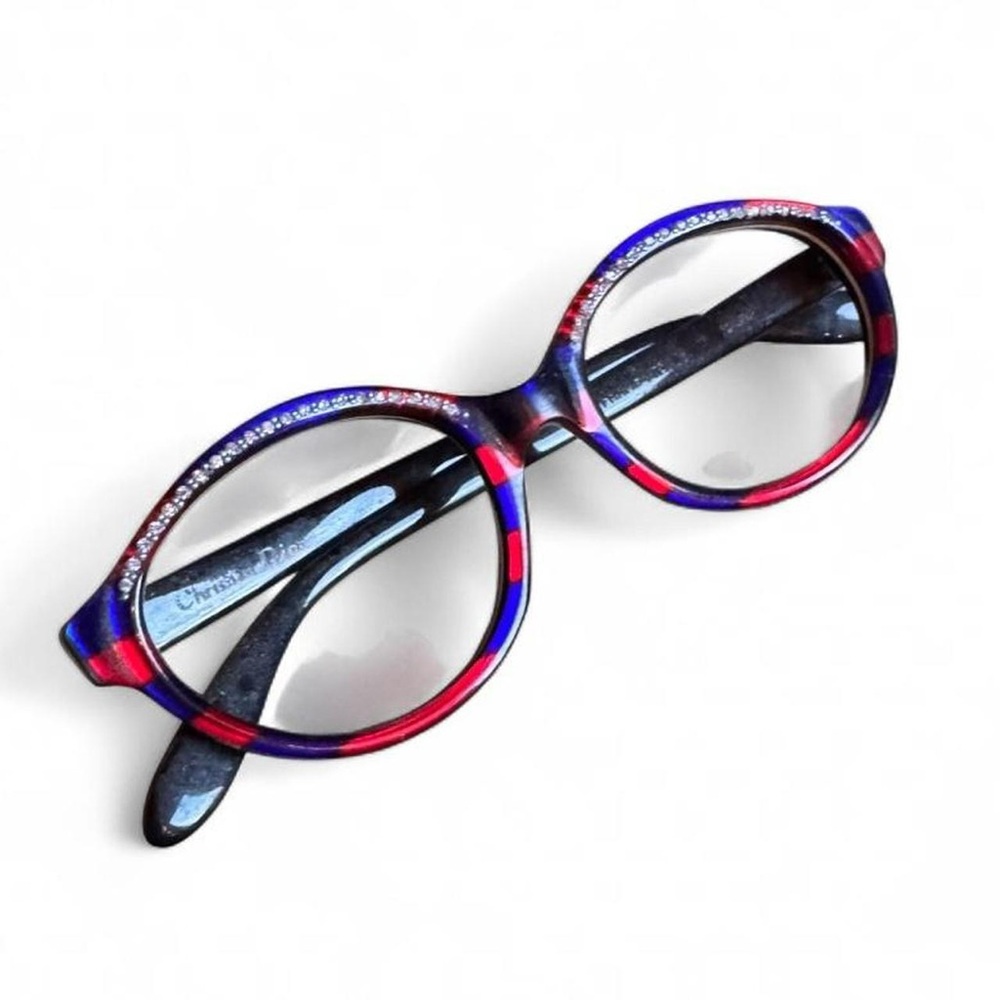 Vintage 70s retro Christian Dior red and blue oval frame eyeglasses rhinestones